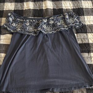 Off-Shoulder Blue Top with Floral Embroidery